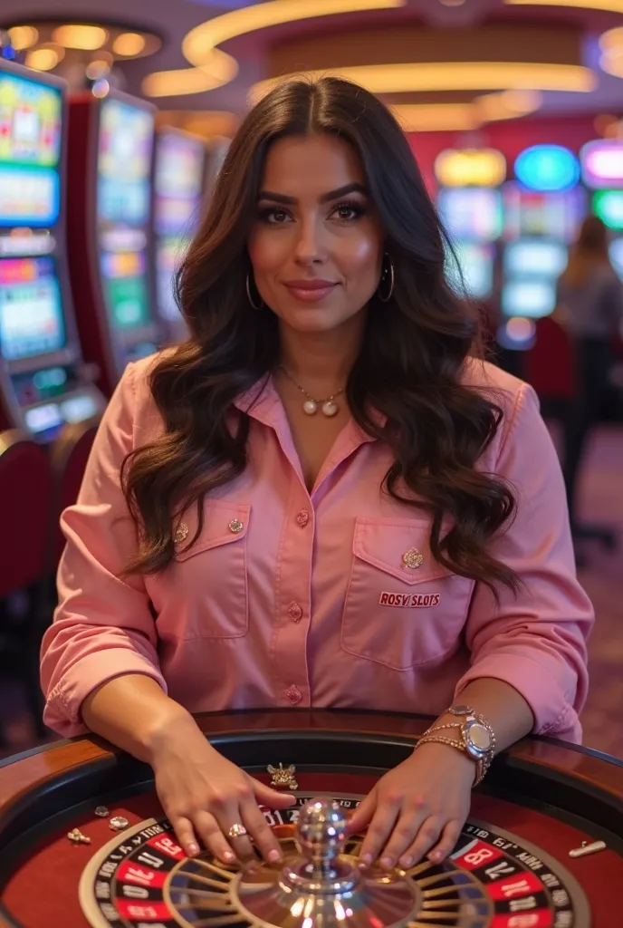  Chubby woman with brown eyes,  Long wavy hair, sitting in a pink blouse with the name ROSY SLOTS on a casino table decorated with roulette wheels and in the background of casino game dice, With machines 