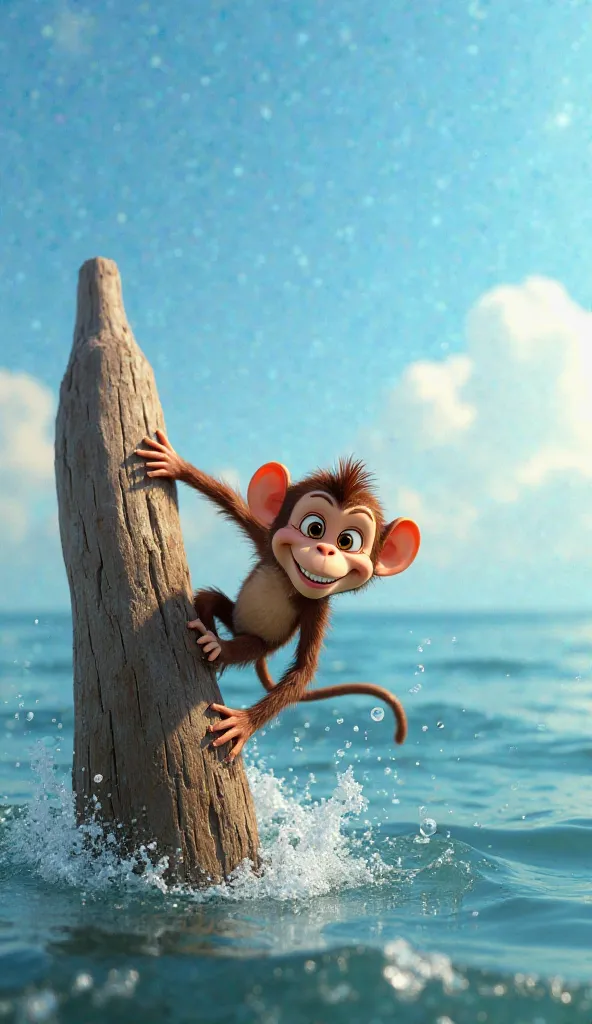 Monkey clinging to a piece of wood, Disney pixar style 