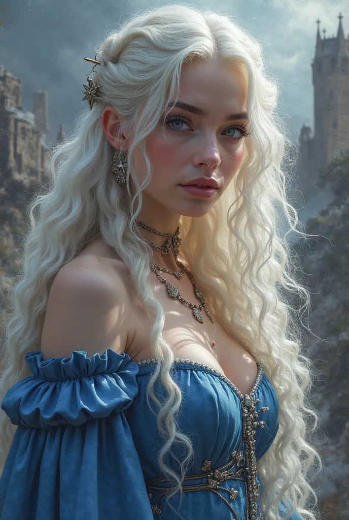 high quality,4k,Detailed,realistic,white skin, curly white hair ,violet eyes,Princess Targaryen,actress Danielle Rose Russell,portrait, lighting of ,Detailed rostro,serene expression,elegant posture,Princess of the Seven Kingdoms, Medieval environment,cast...