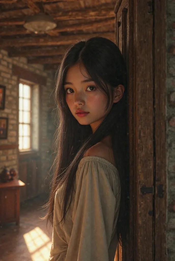 A girl with long straight hair with brown skin looking real in a country house looking back from behind