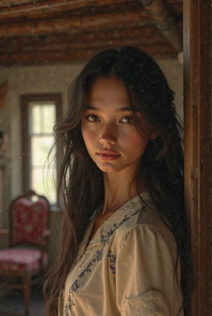 A girl with long straight hair with brown skin looking real in a country house looking back from behind