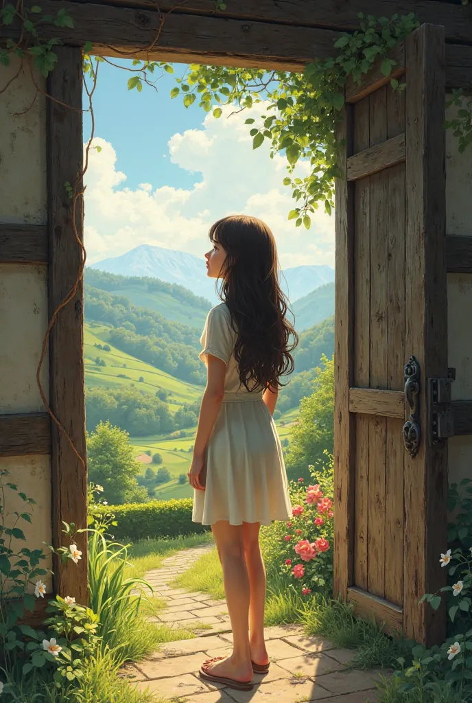 A girl with long straight hair with brown skin looking real in a country house outside looking back from behind
