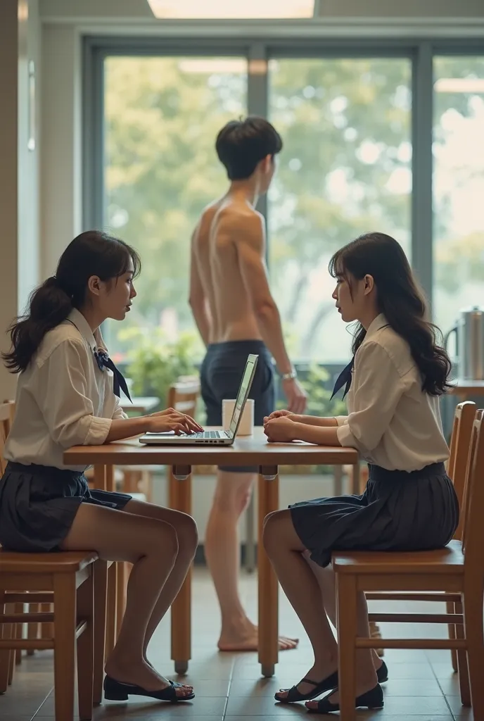 Cafeteria: two Korean female students in uniform or surprised to see the naked Korean male student bringing them the menu and the Korean coffee male naked Korean realistic images of real people, but remember that the male student is standing showing his bu...