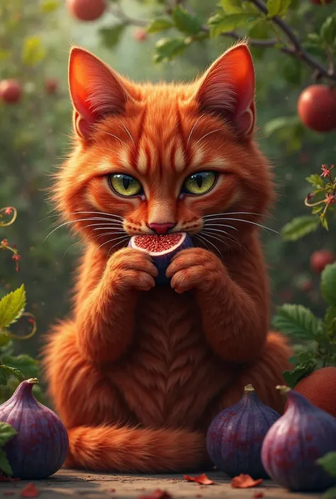 Red cat eats figs