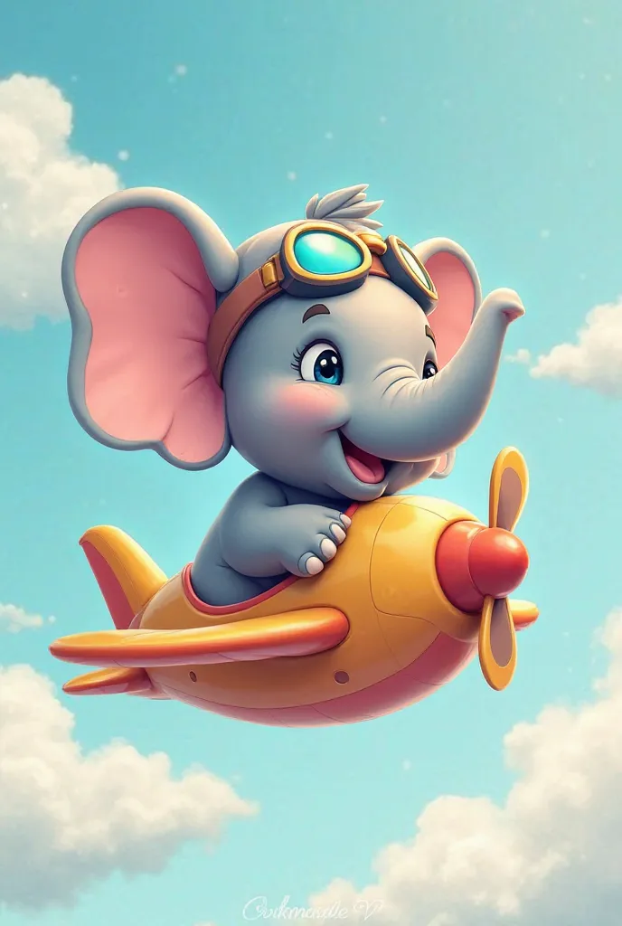 "A cute cartoon elephant is sitting in an airplane, wearing a pilot helmet and goggles. The elephant has a cheerful, playful smile, and its trunk is slightly raised in excitement. The airplane is colorful and designed in a fun, whimsical style, flying thro...