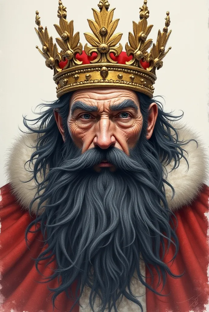 Old king with a black beard, with a crown, Painted in watercolor