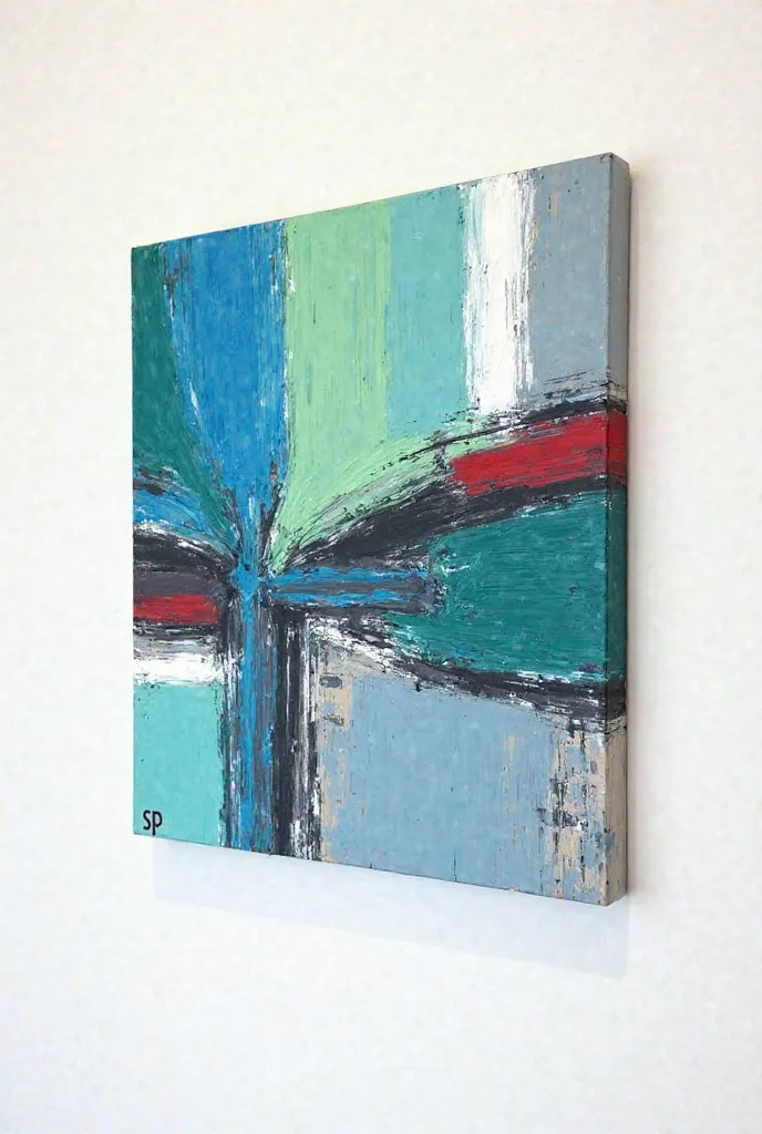 A white painting hanging on a wall with stripes and brushstrokes of blue paint, Greens and reds. At the bottom two small letters SP as a signature 