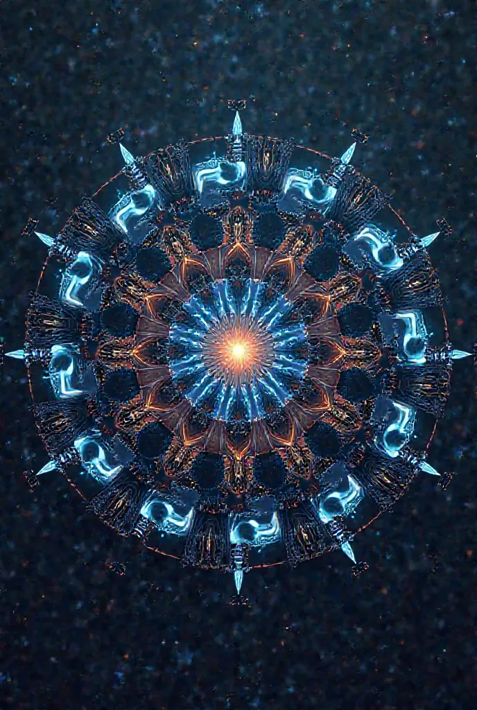 Create a symmetric and highly detailed mandala inspired by computer technology. The design must incorporate 24 abstract elements that evoke the logos and symbols of The industry, as circuits, Containers, gears, clouds, interconnected nodes and elements of ...