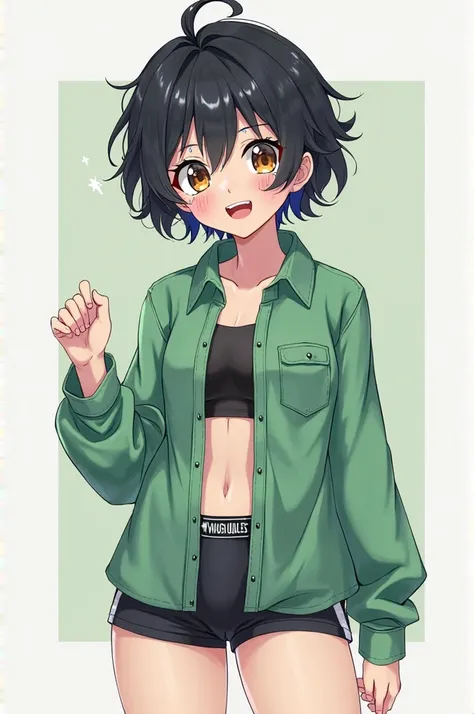 a femboy in an open green shirt, inside a short black one, unisex shorts, underwear visible under the short, short wavy and messy black hair, pampering makeup with blue tears painted coming down from his eyes, smile with teeth on a square background.