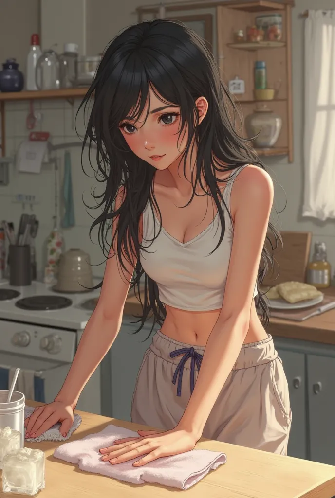 Cute skinny girl with long messy black hair wearing sleeveless crop top and pajama pants cleaning a table
