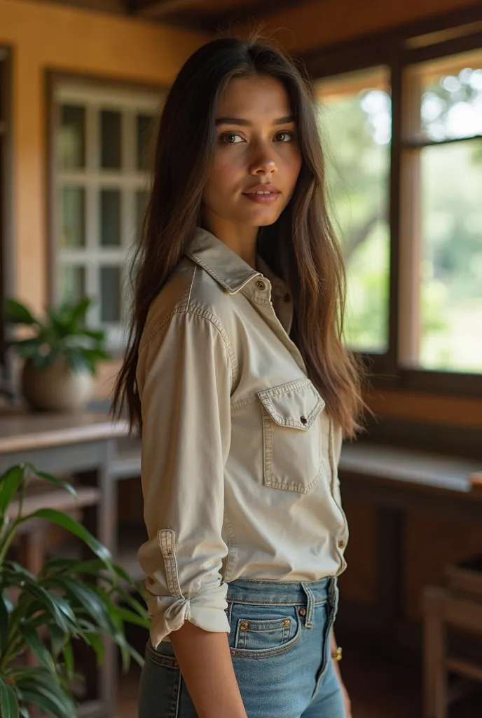 A pretty real Colombian smooth-haired girl with pants and nice shirt in a country house
