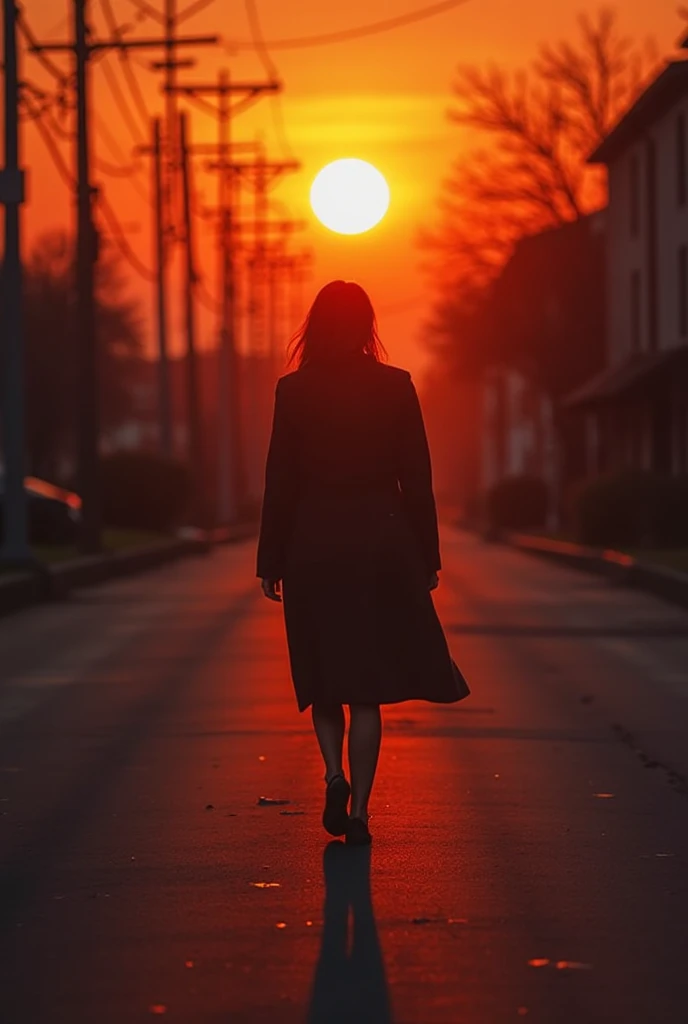  The sun is setting on the horizon , dyeing the sky red and orange. Emma walks down the deserted street, her safe and firm step. The camera follows her from behind, showing the long shadow she casts as she moves towards her destination.