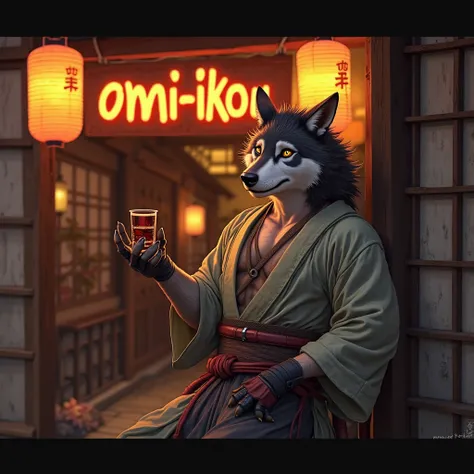 3. "Nomi-ikou"
A suave and confident samurai wolf, leaning casually against a wooden sake shop entrance in a historical Japanese town. His kimono is slightly loosened, revealing his battle-worn but powerful chest. He holds a small sake cup in one clawed ha...