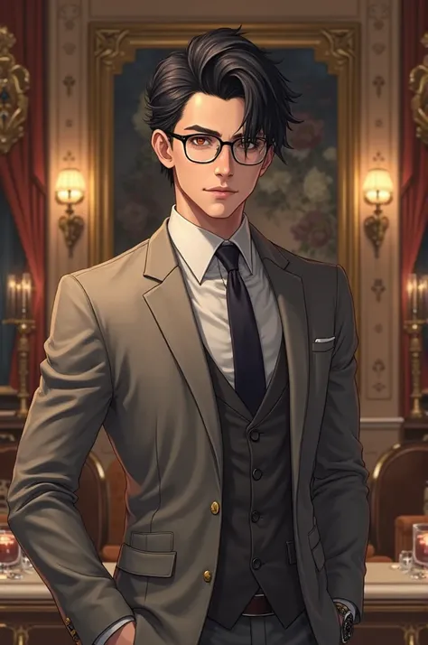 Handsome anime boy with black glasses and millionaire clothes 