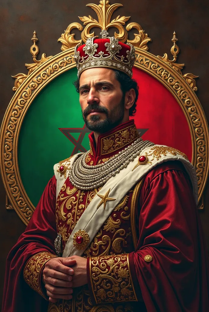 A picture of a luxurious circle with a picture of a king with the flag of Morocco in the background