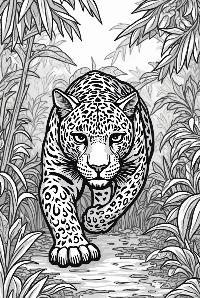 Outlined vector design for a coloring book of A jaguar walking stealthily among the vegetation of the rainforest.  