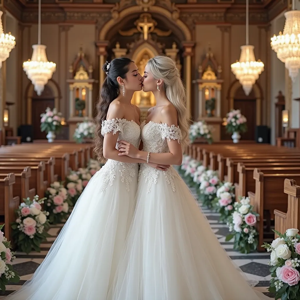 Woman blonde hair woman black hair Couple in love kissing Young Korean girl, black eyes, glowing skin with blush, long platinum blonde hair high ponytail wearing an elegant and detailed wedding dress. The dress is white with floral lace details and has an ...