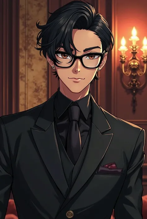 Handsome anime boy with black glasses and dark black millionaire clothes 