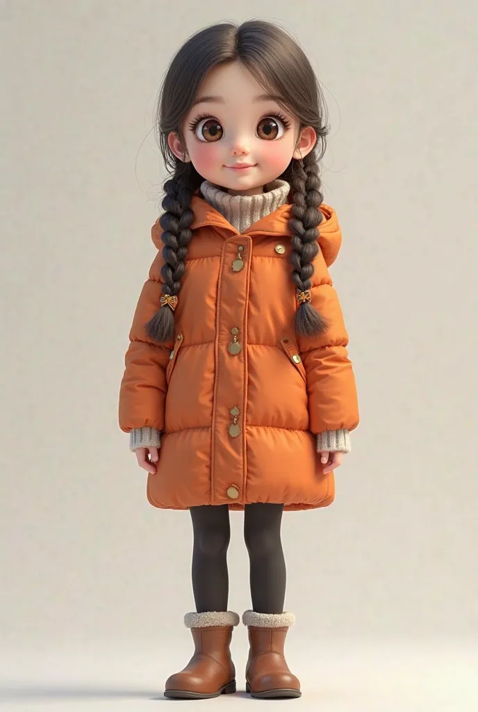 Girl , 2 braids, dressed in a silk winter down jacket, leggings on the legs