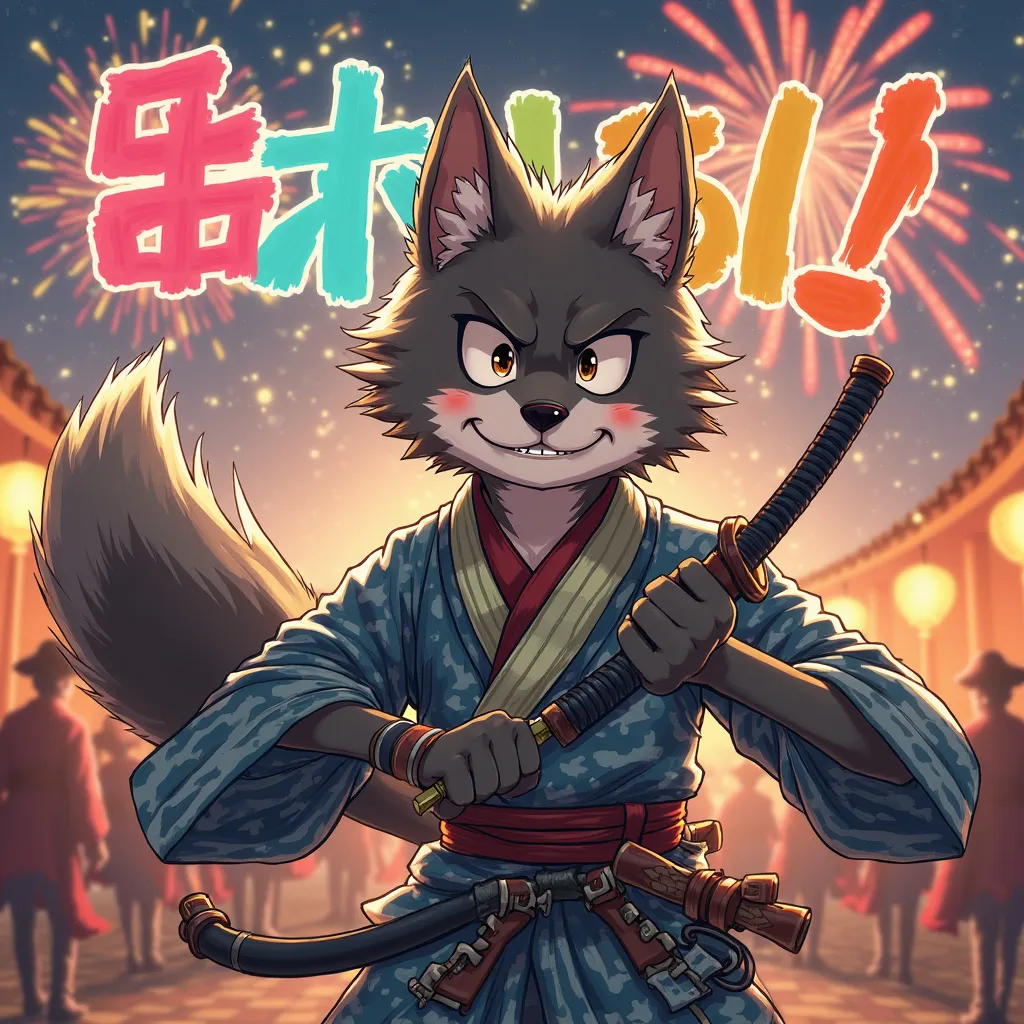 6. "Asobou!!"
A playful yet powerful samurai wolf twirling his sheathed katana like a showman, smirking mischievously. His kimono sleeves are rolled up, and his tail flicks behind him, showing a more relaxed, adventurous side. The background features a liv...