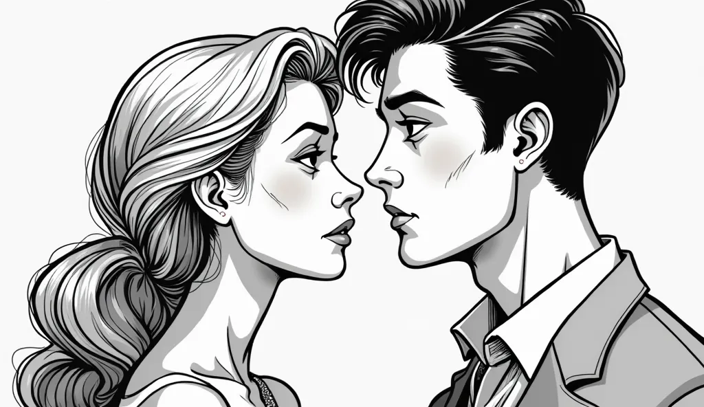 "A beautifully detailed black and white illustration in an old classic cartoon style, depicting a stunning couple experiencing a moment of emotional realization. The woman, with soft and expressive features, gazes at the man with a sorrowful yet longing ex...