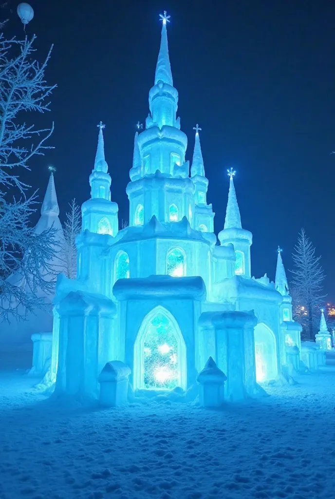 Une fête foraine magique dans un royaume arctique, illuminée par des lanternes bleues flottantes. Des structures de glace sculptées brillent sous les aurores boréales, tandis que des artistes manipulent l'eau et la glace pour créer des spectacles enchanteu...