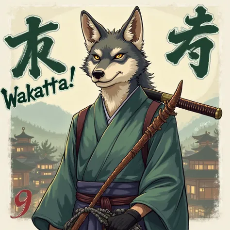 9. "Wakatta!"
A disciplined samurai wolf standing with his katana resting on his shoulder, nodding firmly. His golden eyes are filled with understanding, and his presence radiates wisdom and strength. His kimono is tied neatly, and a traditional samurai vi...