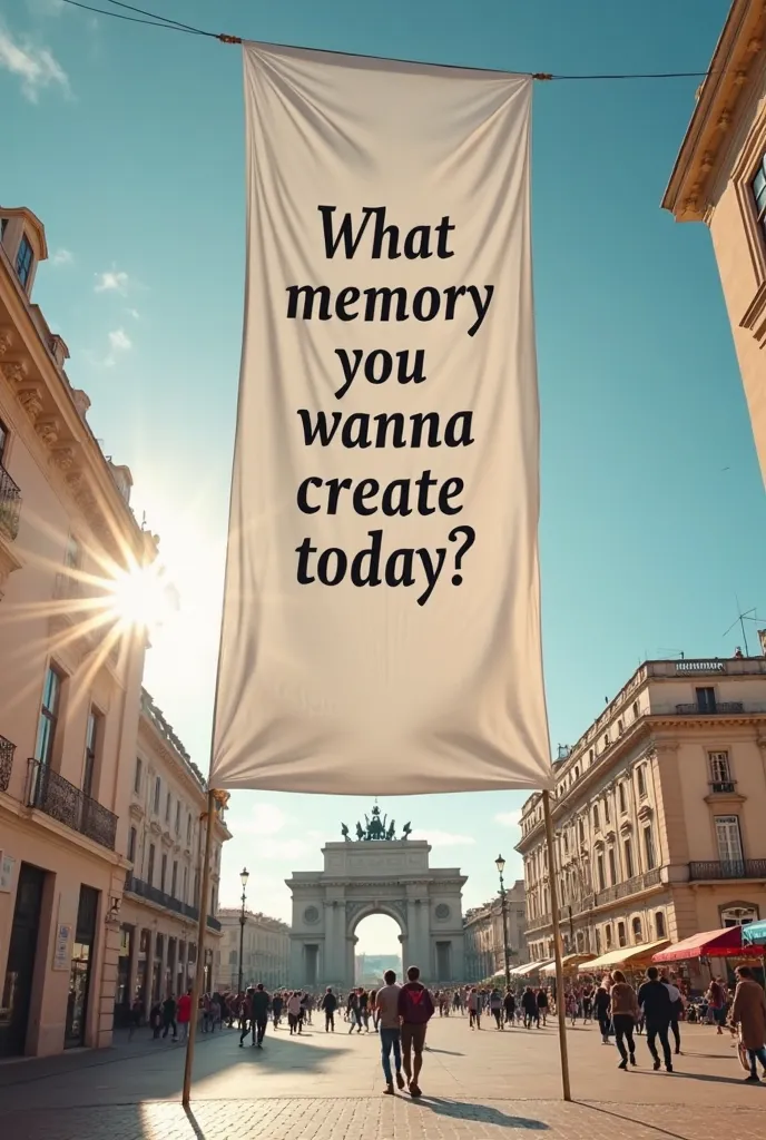  cinematic wide-angle shot of Praça do Comércio in Lisbon, Portugal, on a bright and vibrant afternoon. The iconic Arco da Rua Augusta is in the background, with people walking in the square. A large white banner is slowly descending from the sky, swaying ...