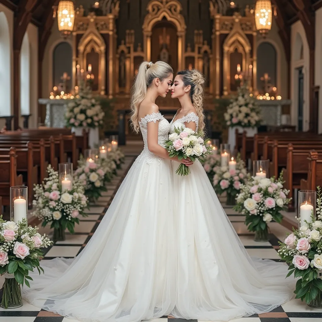 Korean Woman blonde hair woman black hair Couple in love kissing Young Korean girl, black eyes, glowing skin with blush, long platinum blonde hair high ponytail wearing an elegant and detailed wedding dress. The dress is white with floral lace details and ...