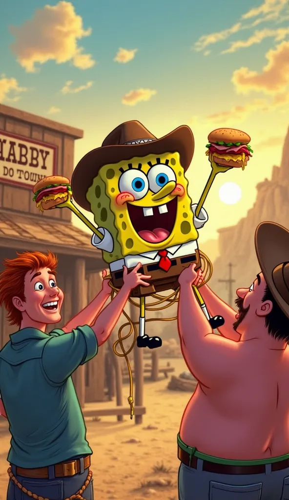 "A festive Western-style celebration in a small desert town, with SpongeBob SquarePants being lifted by Patrick and other townsfolk as the victorious sheriff. The townspeople cheer while holding Krabby Patties in the air. The saloon in the background has a...