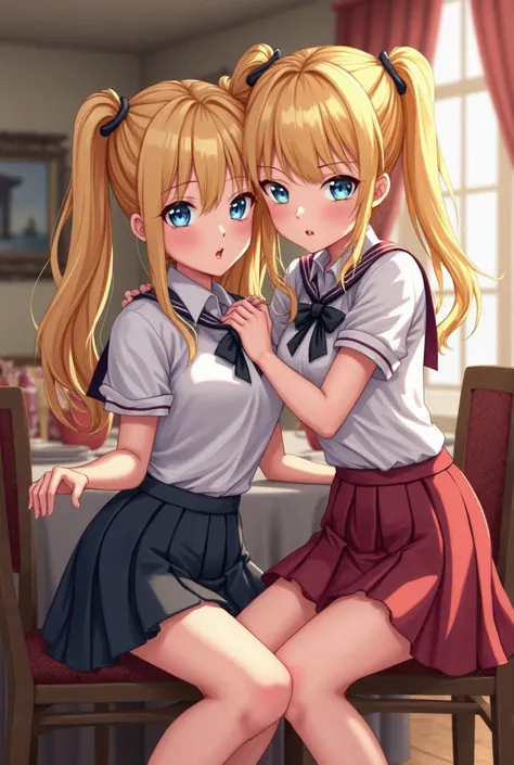 twin girls, 18 years old .  long blonde hair.  the left twin's hair is tied into pigtails and the right's is tied into a ponytail.  blue eyes, pink lips, thin and curvy.  both twins wear schoolgirl uniforms: the left wears a black skirt and the right wears...