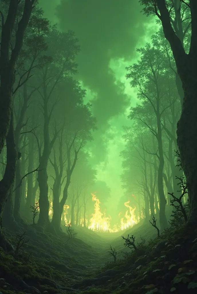 I need an animated video, arcane style, of a toxic forest with green smoke, catching fire, leaving deforestation around.