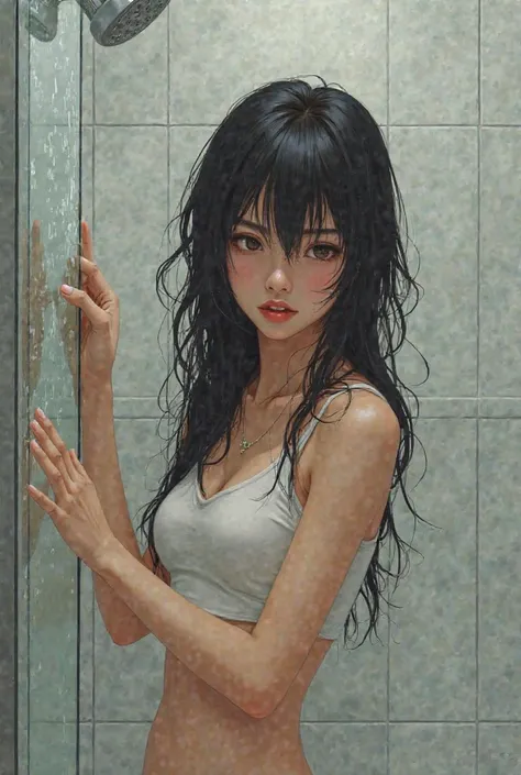 1girl, cute, skinny, long hair, black hair, messy hair, sleeveless crop top, cleaning shower 