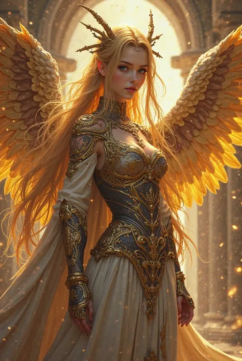 Supernatural machinic and insanely youthful female humanoid superweapon made of deity materials, supernatural outfit, cloak, outfit made of deity materials and runes, ancient shrine, beautiful and long golden wings, unrisistable looks, beautiful unrealisti...