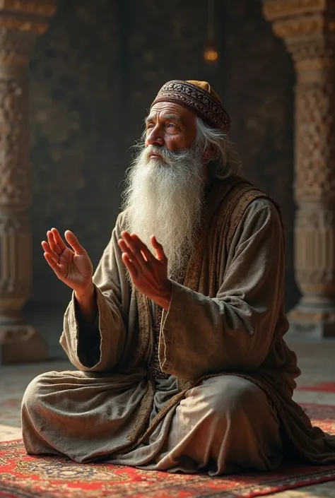  An elderly sheikh with a distinguished character with a long white beard and a hat sits on the prayer mat raising his hands to heaven and praying to Allah
