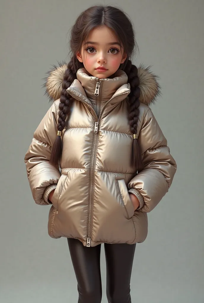 Girl , 2 braids, dressed in a silk winter down jacket, leather leggings on the legs,  super realistic, 