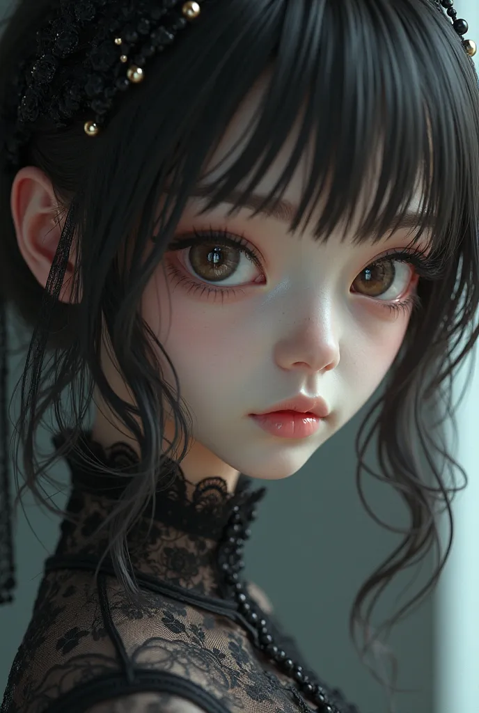 he subtle lighting on her face and hair create a dramatic, yet elegant atmosphere.  The style is stylized anime-like and gothic.  Focus is on her facial features, delicate accessories and the intricate lace detailing. The colors are mostly muted dark tones...