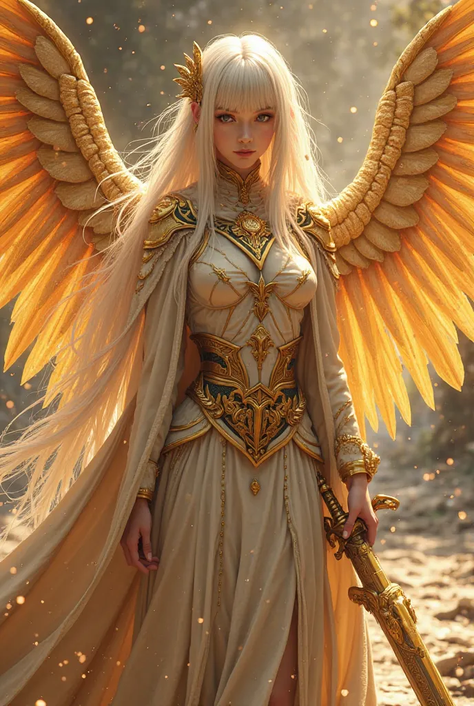 Supernatural machinic and insanely youthful female humanoid superweapon made of deity materials, supernatural outfit, cloak, outfit made of deity materials and runes, ancient shrine, beautiful and long golden wings, unrisistable looks, beautiful unrealisti...