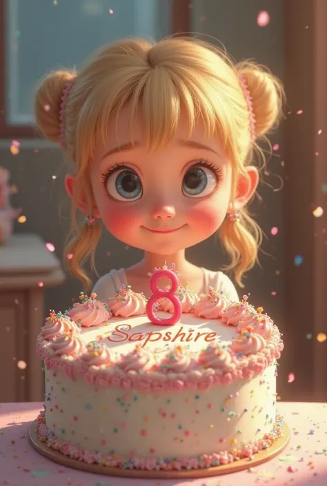 Image of a small white girl with the number 8 on a cake with a lot of decoration and whose name says sapphire not the stone but the name as such 