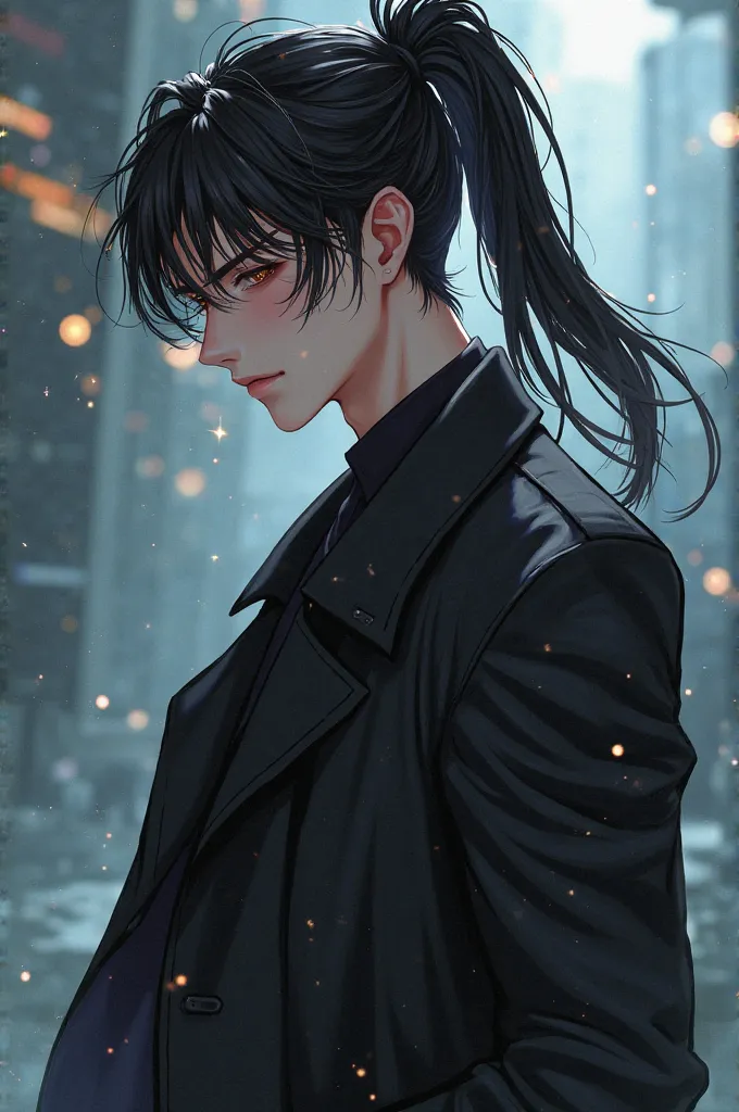 Alpha anime boy with black eyes wearing a ponytail and sexy clothes