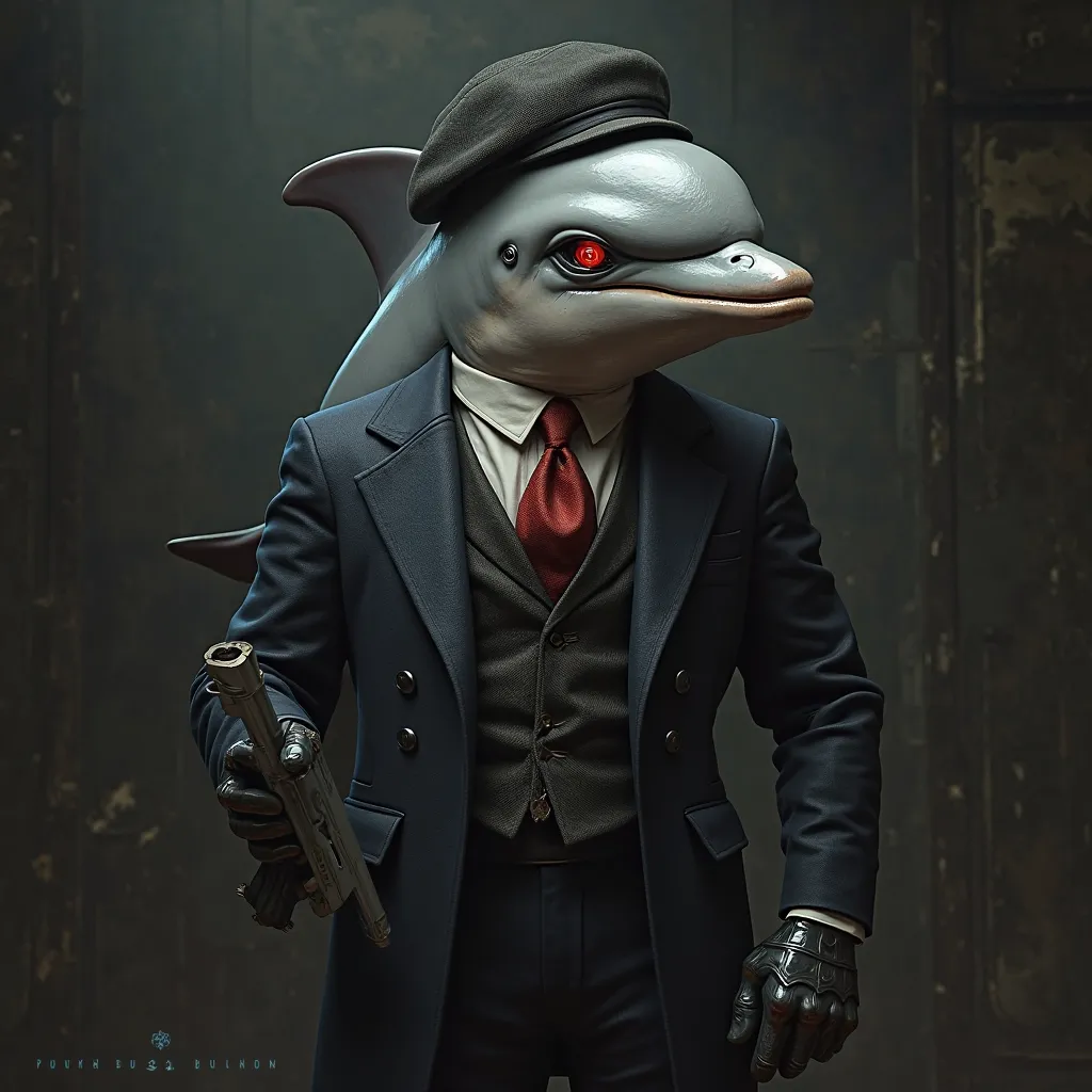 Make the image of an evil pink dolphin with red eyes dressed in Peaky Blinder clothing and with a gun in its hand