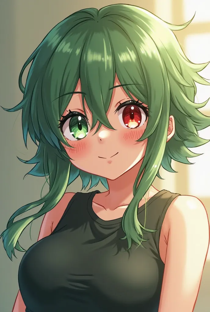 Make an image of Bakugo and Deku female version but a single woman with one red eye and one green eye and with "green hair at the root and ash blonde at the ends and with wavy hair like Deku's" but tender and adorable, hair a little long but not much horiz...