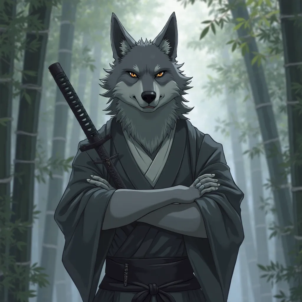 5. "Shiran-kedo."
The wolf samurai shrugs slightly, crossing his arms over his chest, his katana still secured in its sheath. His expression is relaxed yet slightly amused, his ears twitching as if dismissing an irrelevant question. The haori drapes loosel...