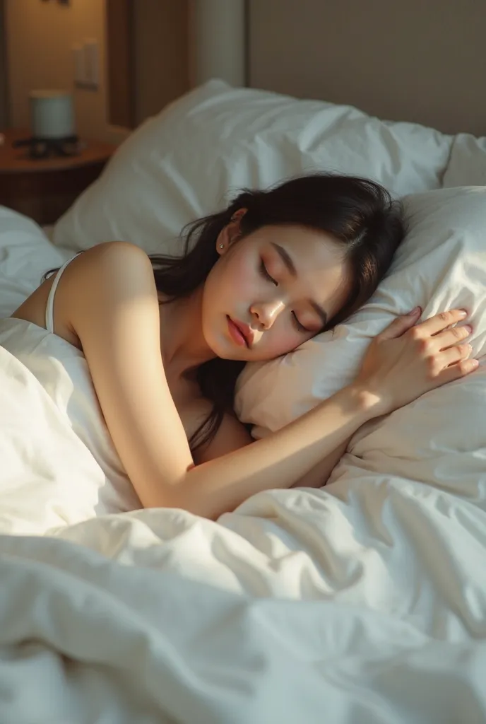 (photorealism:1.2), beautiful woman, sleeping bed, feet out of the blanket