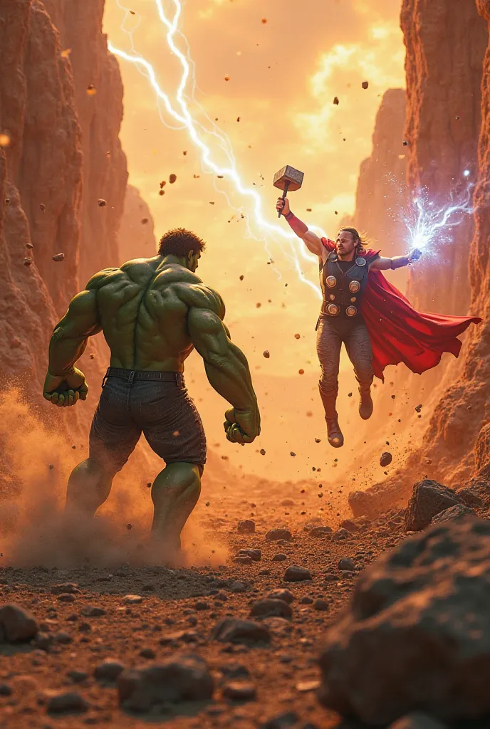 An intense battle scene between Hulk and Thor in a desolate alien canyon. Hulk is smashing the ground with his fists, creating a massive shockwave that cracks the earth beneath them. Thor is mid-air, spinning his hammer Mjölnir, summoning a lightning bolt ...