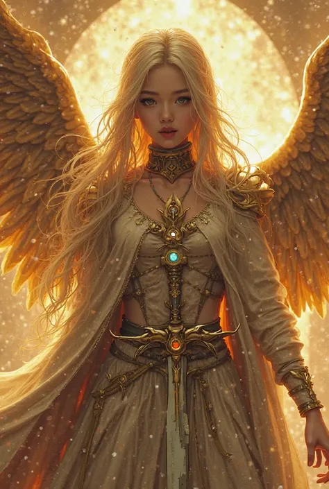 Supernatural machinic and insanely youthful female humanoid superweapon made of deity materials, supernatural outfit, cloak, outfit made of deity materials and runes, ancient shrine, beautiful and long golden wings, unrisistable looks, insanely beautiful h...