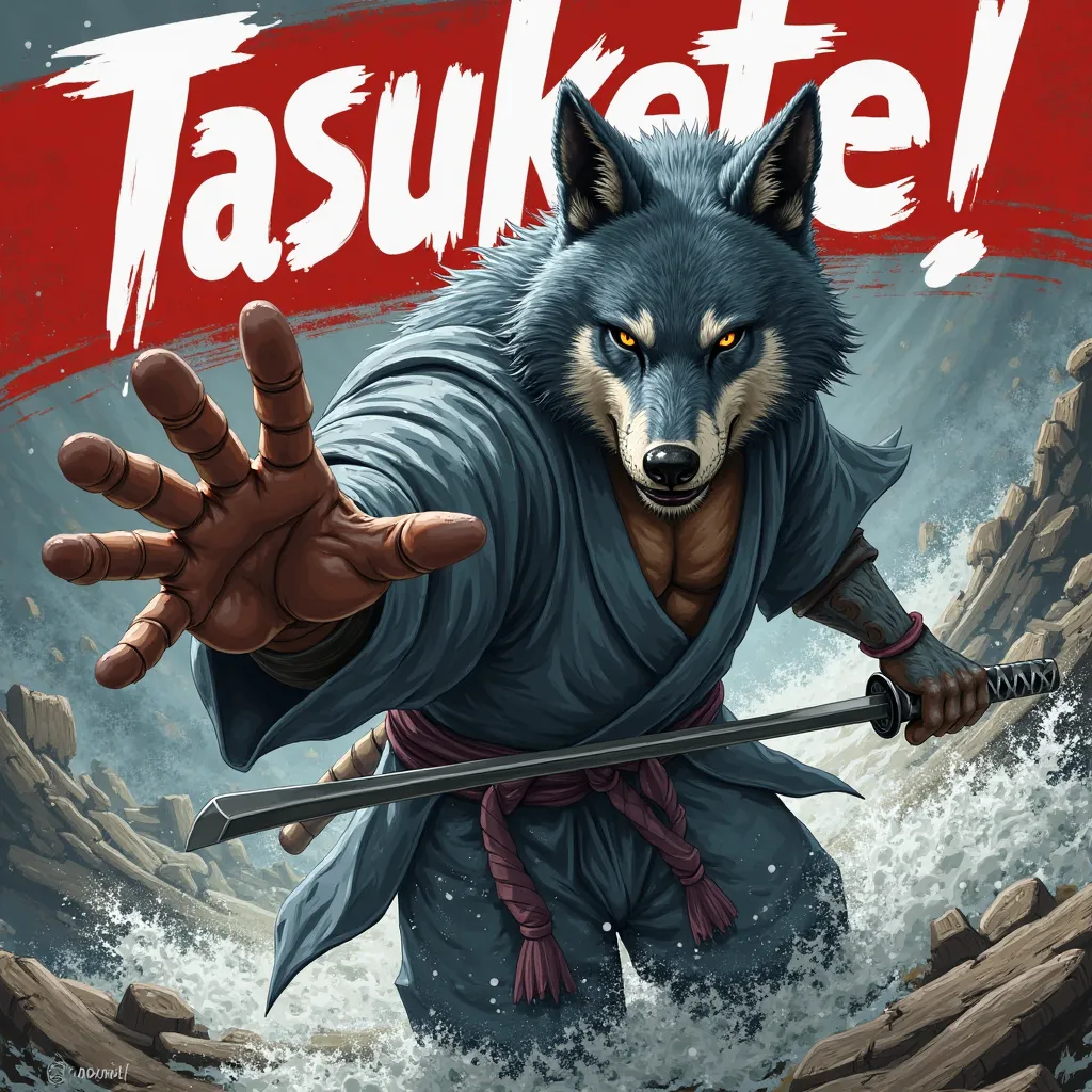 8. "Tasukete!"
The wolf samurai, battle-worn and injured, extends a hand forward, his other hand gripping his katana tightly. His fur is slightly bloodied, and his haori is ripped. His expression is a mix of desperation and determination, showing that even...