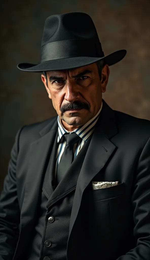 Italian mobster, Mafia boss portrait, man in dark suit and hat, facial details, intense look, serious expression, authoritarian pose, dark background with dramatic lighting, chiaroscuro, shades of gray and brown, realistic style,  photograph , 4K,  extreme...