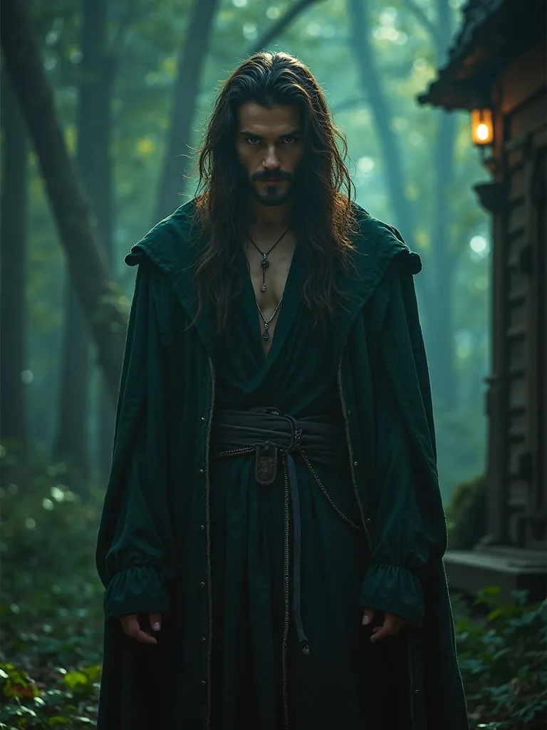 a handsome male, man, Enchanted forest Hut, looking to the camera, defiant, glowing light eyes, Masterpiece, Cinematic Lighting, Black rags, dark green robe, mystical, photorealistic, witch, magic, forest, night, dramatic cinematic lighting, Grey tattered ...