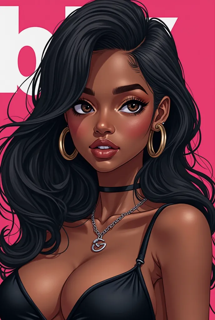 Anime of a black woman with long wavy black hair over her shoulder , straight eyes color black , lips with labret piercing and lipstick with brown contour and lip gloss, round face, Ear hoop earring , a black strap blouse and a necklace with the letter G i...